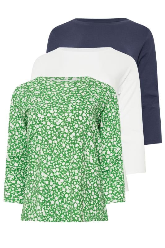  M&Co 3 PACK Green & White Ditsy Floral Cotton Tops