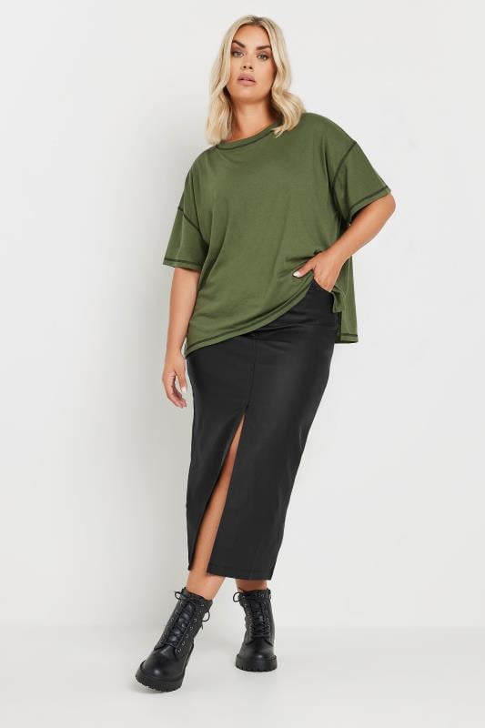 YOURS Plus Size Black Coated Split Hem Midaxi Skirt | Yours Clothing 5