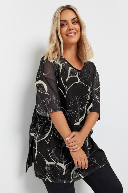 Plus Size  YOURS Curve Black Floral Print Oversized Mesh Top