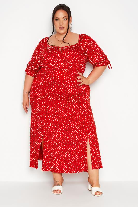 LIMITED COLLECTION Plus Size Red Spot Print Milkmaid Side Split Maxi Dress | Yours Clothing  2