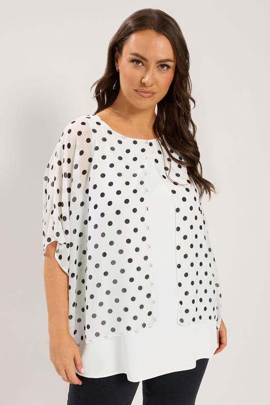 YOURS Plus Size White Polka Dot Double Layer Top | Yours Clothing 1