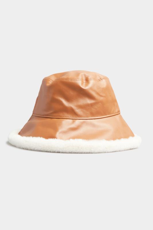 Tan Brown Faux Leather Fur Trim Bucket Hat 1