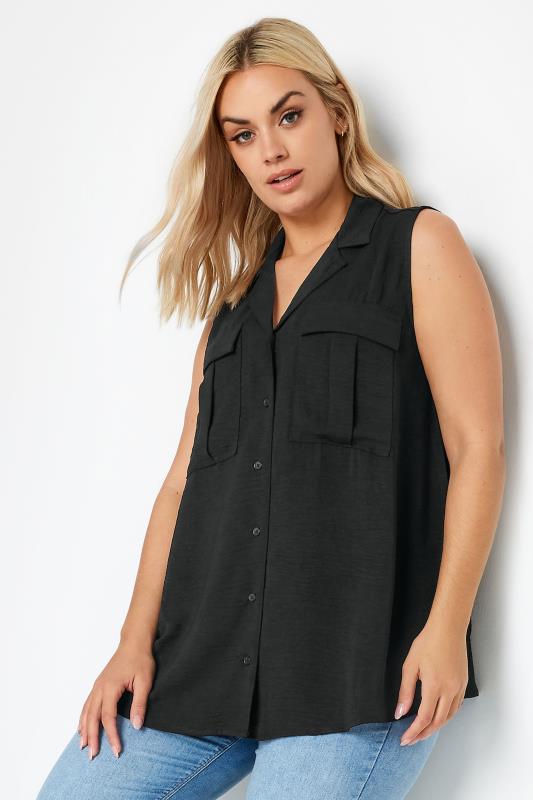 YOURS Plus Size Black Sleeveless Utility Shirt | Yours Clothing 1