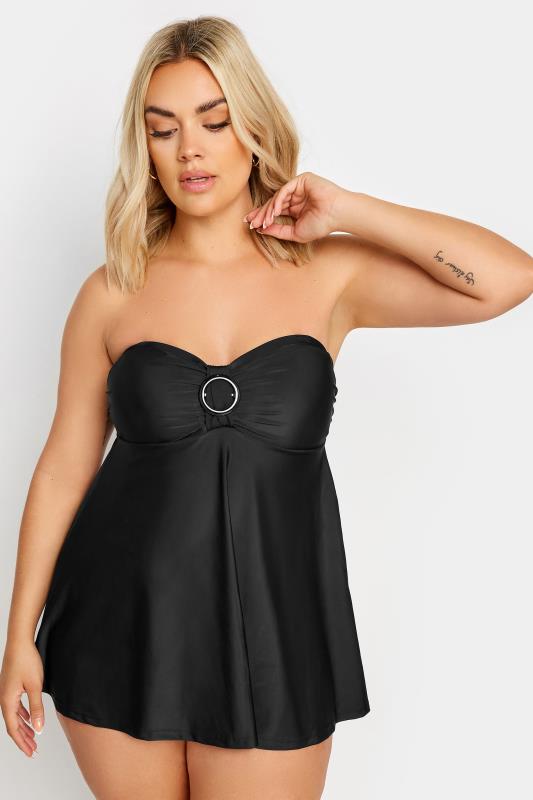 YOURS Plus Size Black Buckle Front Tummy Control Swim Dress | Yours Clothing 2