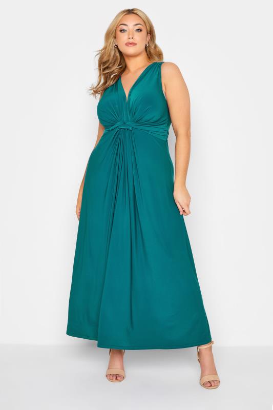 YOURS LONDON Curve Teal Blue Knot Front Maxi Dress_A.jpg