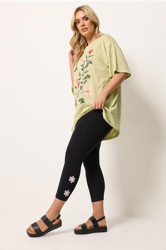 YOURS Plus Size Black Flower Detail Cropped Leggings | Yours Clothing 1