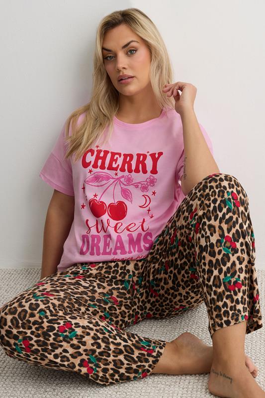  YOURS Curve Pink 'Cherry Sweet Dreams' Leopard Pyjama Set