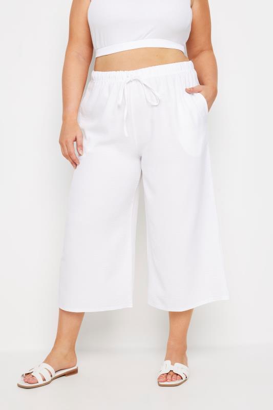 YOURS Plus Size White Linen Look Cropped Trousers | Yours Clothing 1