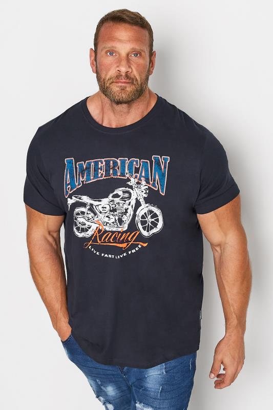 Plus Size  BadRhino Big & Tall Navy Blue 'American Racing' Motorbike Print T-Shirt