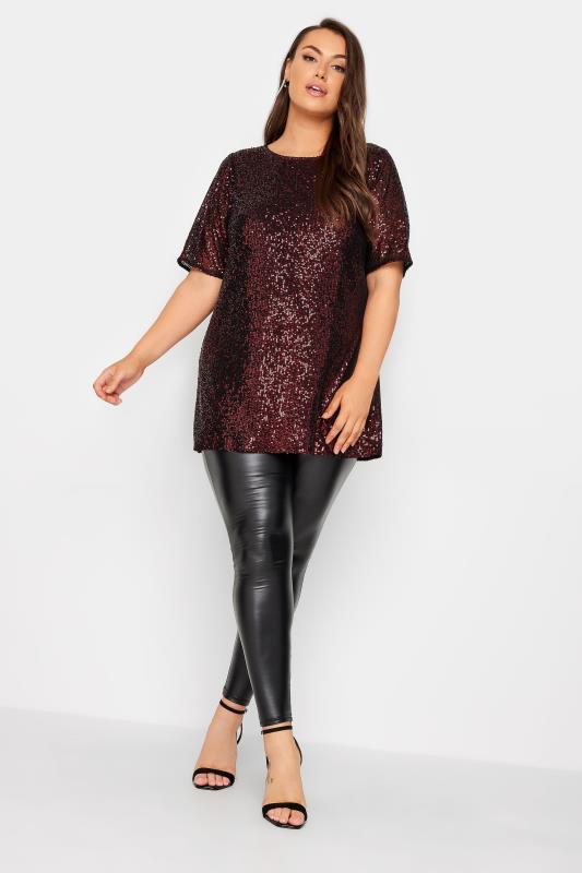 YOURS LONDON Plus Size Burgundy Red Sequin Embellished Swing Top | Yours Clothing 2