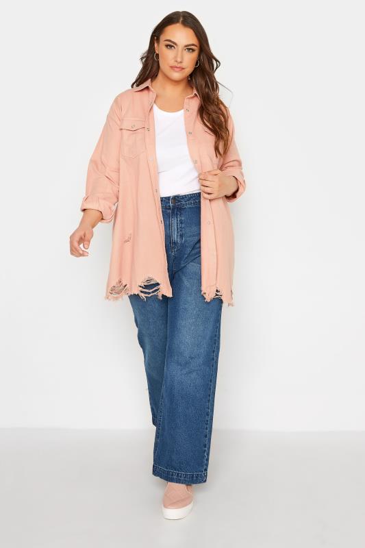 Plus Size Pink Distressed Denim Shirt | Yours Clothing  2