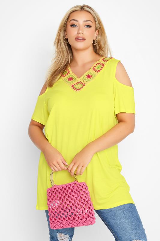 Plus Size Yellow Crochet Neckline Cold Shoulder Top | Yours Clothing 1
