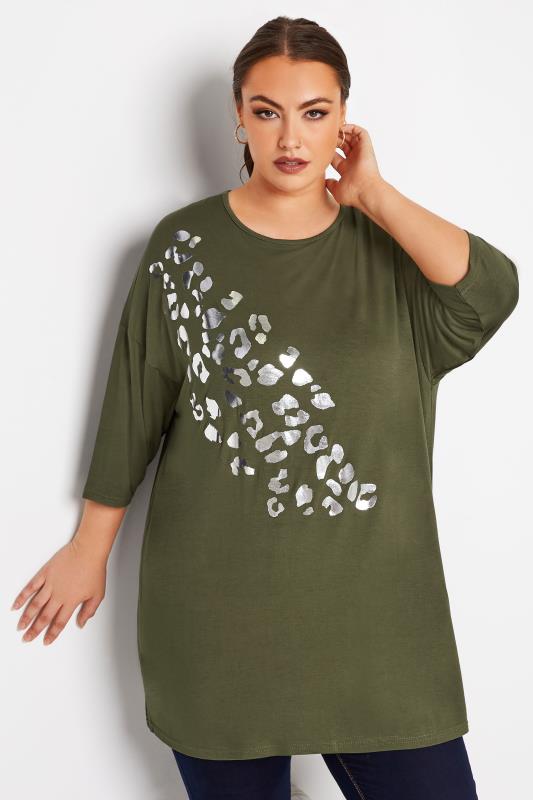 Plus Size  LIMITED COLLECTION Curve Khaki Green Foil Leopard Print Oversized T-Shirt