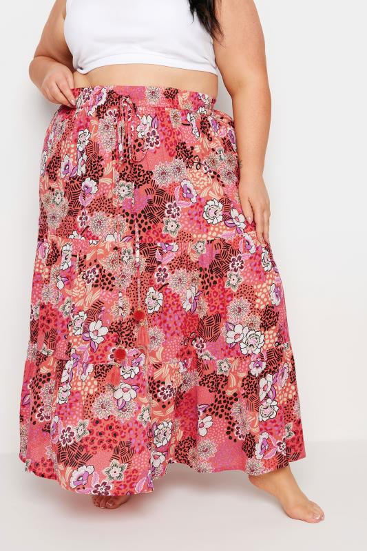 YOURS Plus Size Pink Floral Print Tiered Beach Skirt | Yours Clothing 1