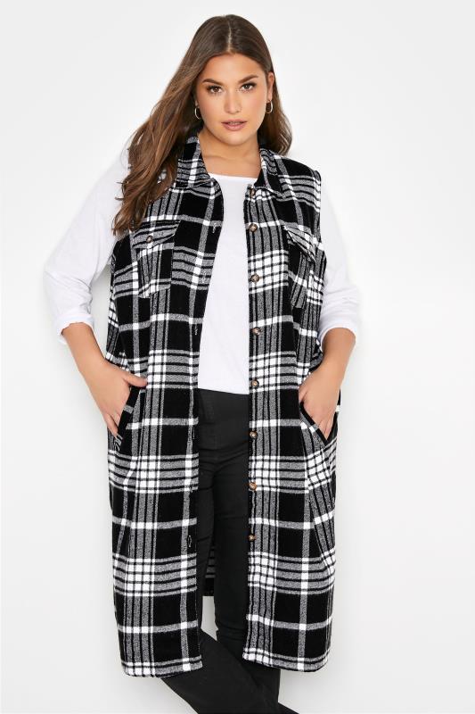 Plus Size  LIMITED COLLECTION Curve Black & White Checked Longline Sleeveless Shacket