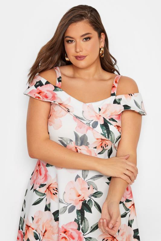YOURS LONDON Plus Size White & Pink Floral Bardot Midi Dress | Yours Clothing 4