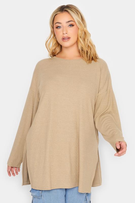 YOURS Plus Size Curve Beige Brown Ribbed Side Split T-Shirt | Yours Clothing  1