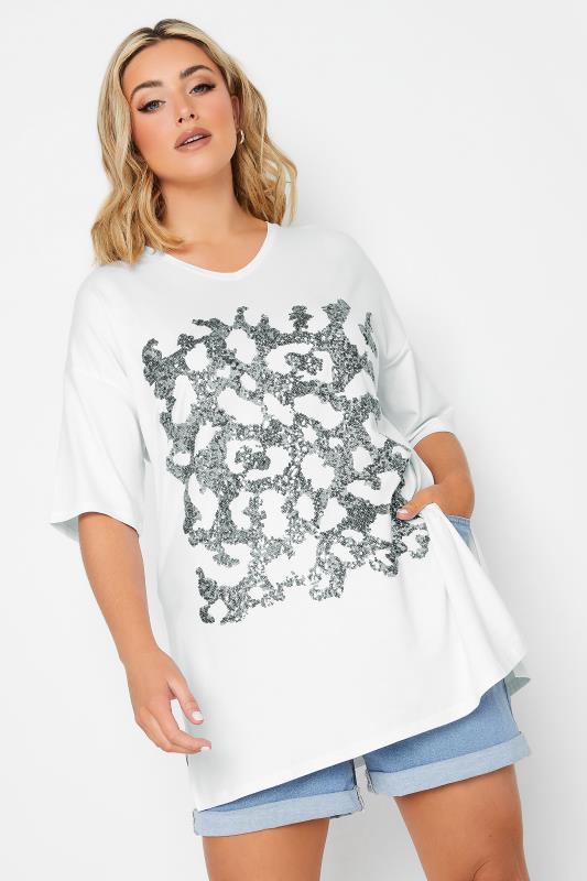 Plus Size  YOURS Curve White Leopard Print Sequin Top