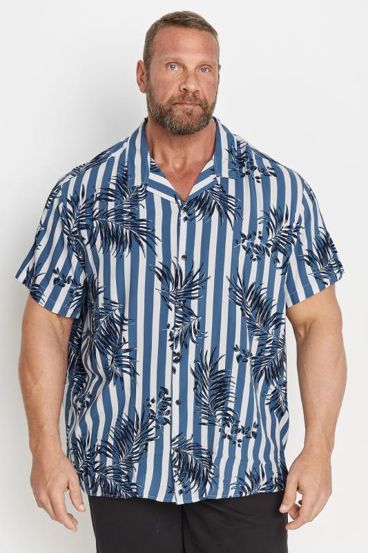 JACK & JONES Blue Striped Tropical Print Resort Shirt | BadRhino 1