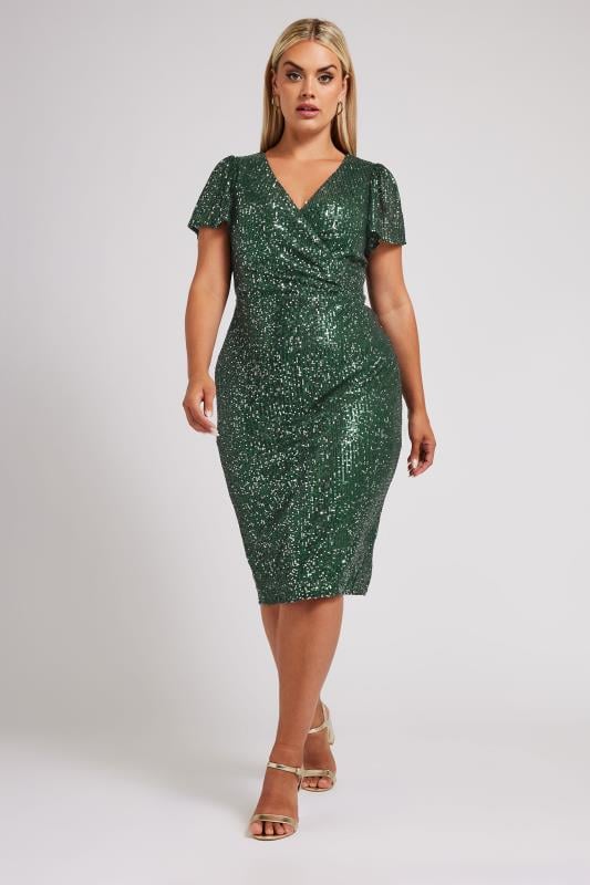 YOURS LONDON Plus Size Green Sequin Embellished Wrap Dress | Yours Clothing  2