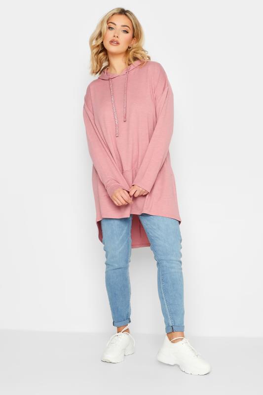 YOURS Plus Size Pink Metallic Cord Dipped Hem Hoodie | Yours Clothing 2