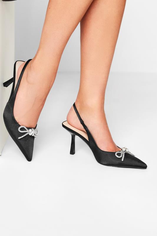  Grande Taille LTS Black Diamante Slingback Kitten Heel Court Shoes In Standard D Fit