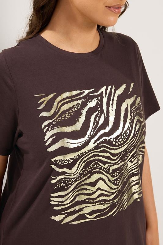 YOURS Plus Size Chocolate Brown Zebra Foil T-Shirt | Yours Clothing 4