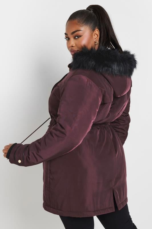 YOURS Plus Size Wine Red Faux Fur Trim Plush Parka Jacket Yours Clothing