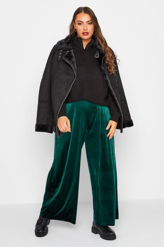 Plus Size Green Wide Leg Velvet Trousers | Yours Clothing 3