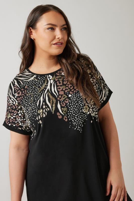 EVANS Plus Size Black Mixed Animal Print T-Shirt | Evans 2