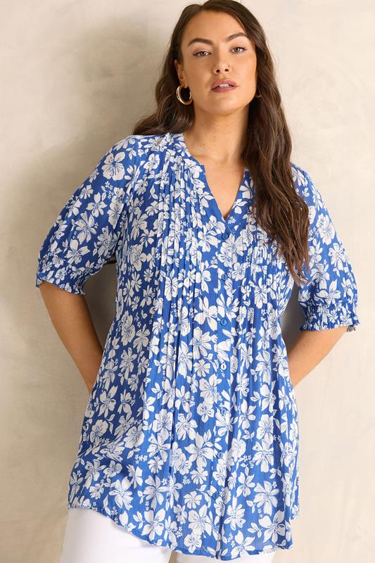  EVANS Blouse bleue à fleurs avec plis nervurés
