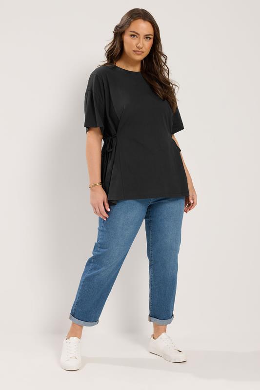 YOURS Plus Size Black Side Tie T-Shirt | Yours Clothing 1