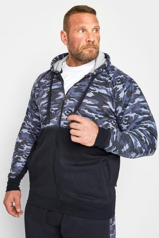 Men's  KAM Big & Tall Navy Blue Camo Colour Block Zip Through Hoodie