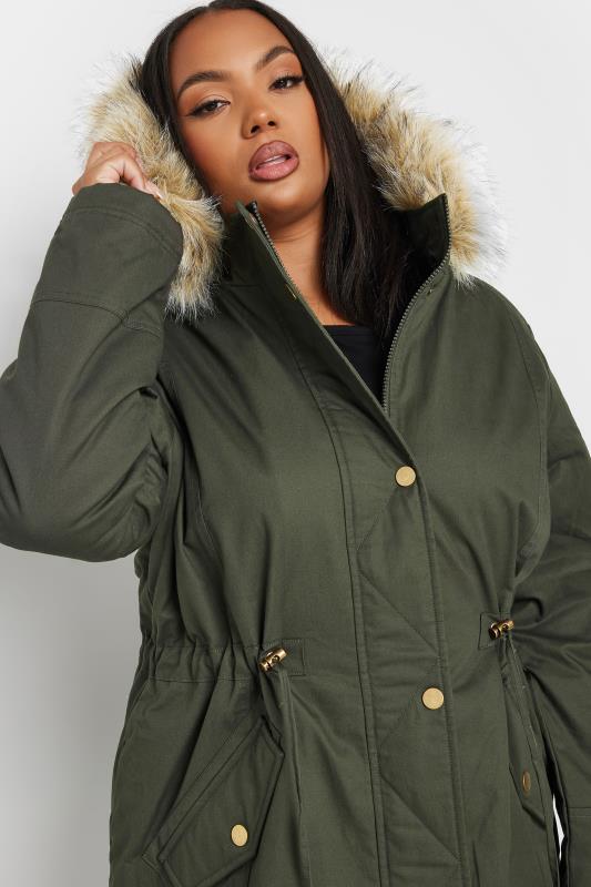 Yours Women s Plus Size Faux Fur Trim Parka Coat in Khaki Green Size 18 20