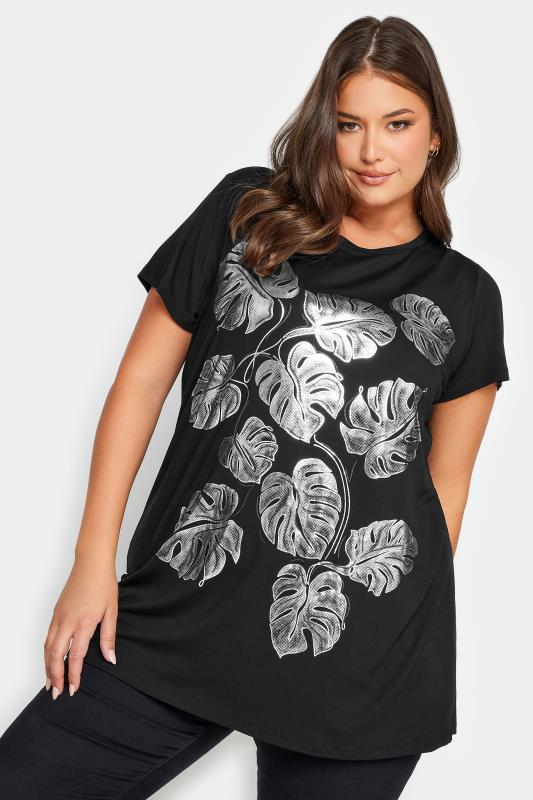 YOURS Plus Size Curve Black Foil Printed T-Shirt | Yours Clothing 1