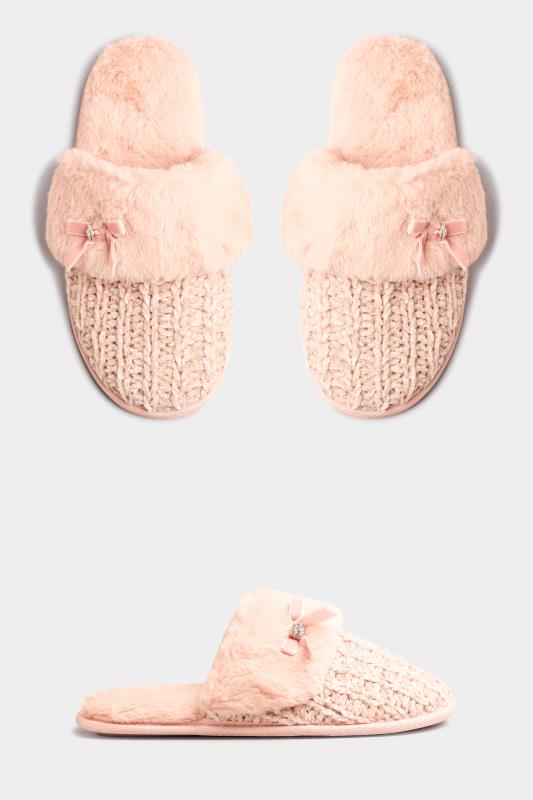 LTS Pink Fur Bow Mule Slippers In Standard D Fit | Long Tall Sally 2