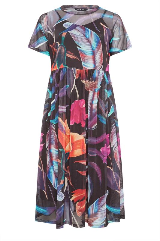 YOURS Plus Size Black Tropical Print Mesh Smock Dress | Yours Clothing