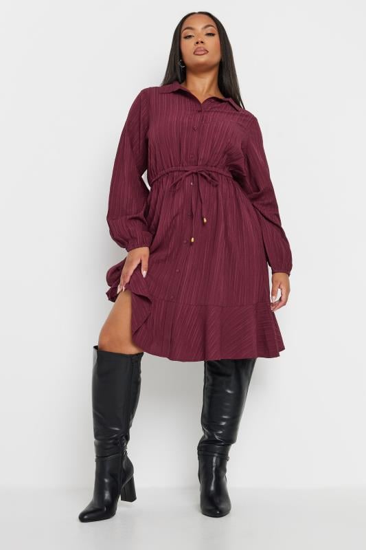 YOURS Plus Size Burgundy Red Textured Stripe Shirt Dress | Yours Clothing 1