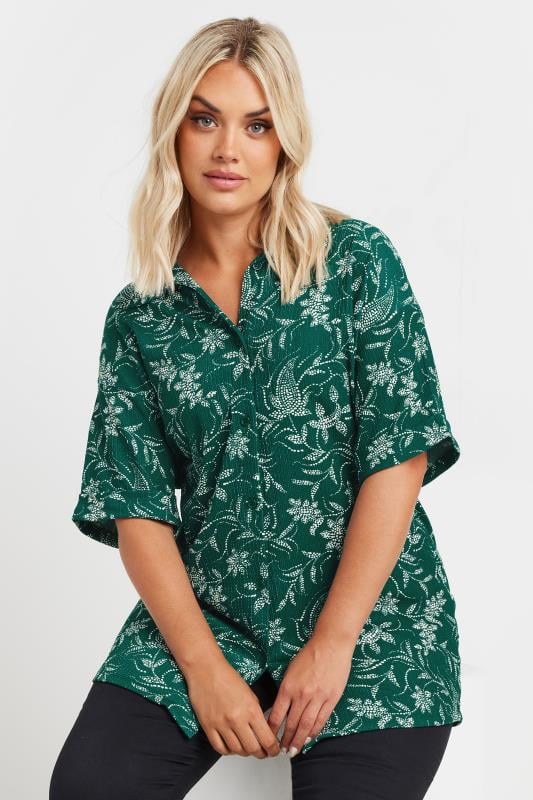 YOURS Plus Size Green Textured Floral Print Shirt | Yours Clothing 1