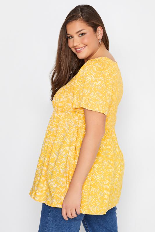 Plus Size Yellow Spot Print Shirred Short Sleeve Top | Yours Clothing  3