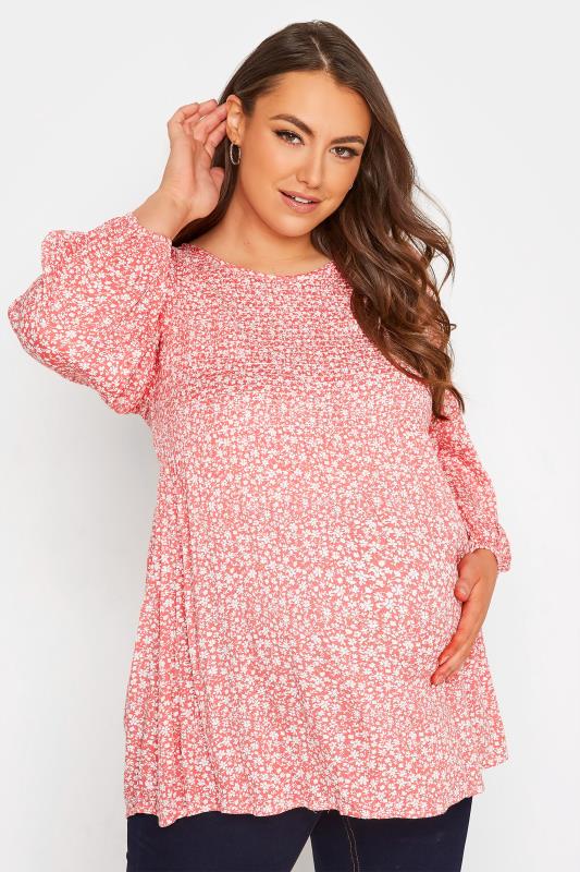 Plus Size  BUMP IT UP MATERNITY Curve Pink Ditsy Print Shirred Swing Top