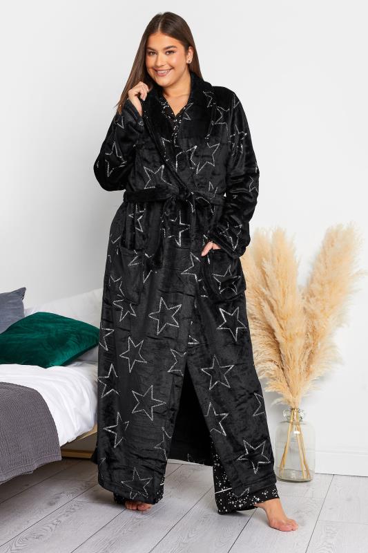 LTS Tall Women's Black Foil Star Print Maxi Dressing Gown | Long Tall Sally 1