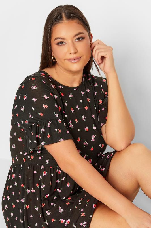 YOURS Curve Plus Size Black & Pink Ditsy Floral Print Smock Tunic Dress | Yours Clothing  4