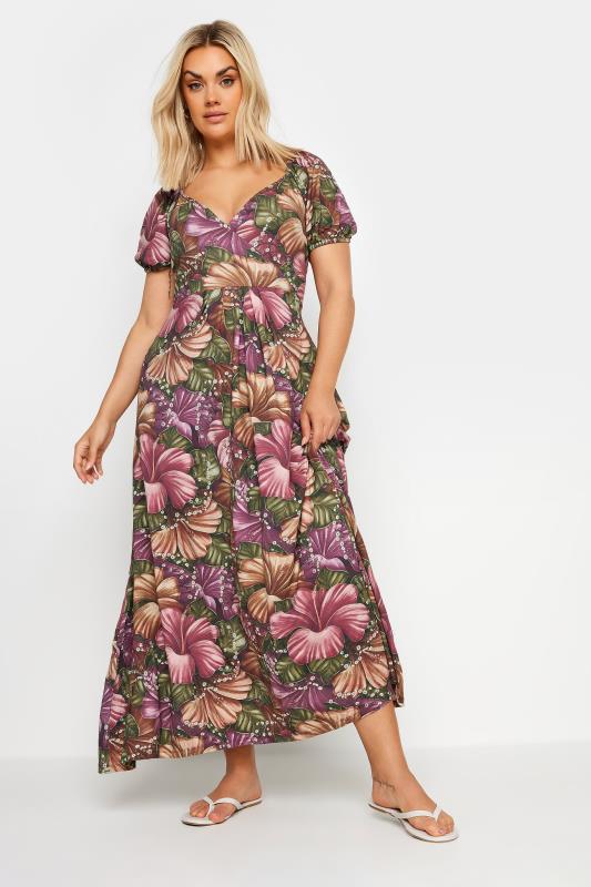 YOURS Plus Size Pink & Green Floral Print Maxi Wrap Dress | Yours Clothing 1
