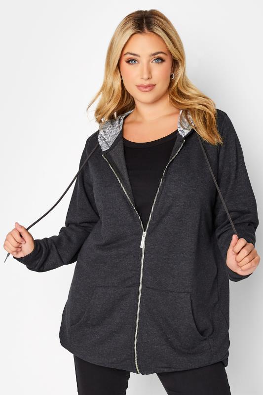 Plus Size  Curve Charcoal Grey Aztec Lining Zip Through Hoodie