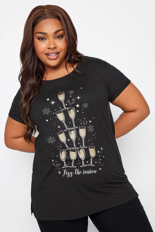 YOURS Plus Size Black 'Fizz The Season' Slogan T-Shirt | Yours Clothing 1