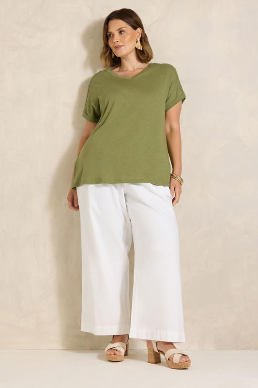 EVANS Plus Size Khaki Green Button Shoulder T-Shirt | Evans 1
