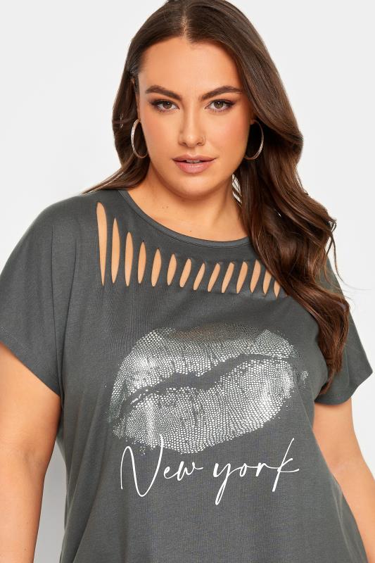 YOURS Curve Plus Size Charcoal Grey Lips Foil Print T-Shirt | Yours Clothing  4