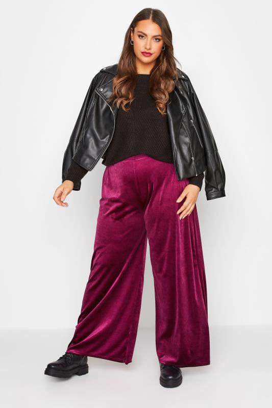 Plus Size Burgundy Red Wide Leg Stretch Velvet Trousers | Yours Clothing 3