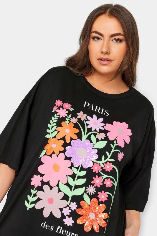 YOURS Plus Size Black Floral Print 'Paris' Slogan Oversized T-Shirt | Yours Clothing 4